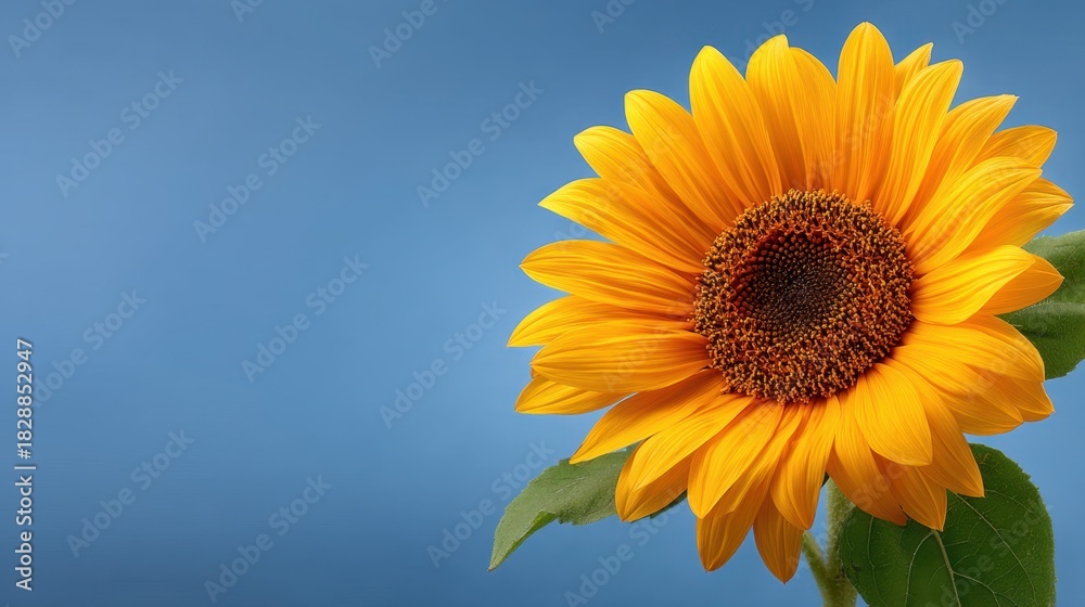 Obraz premium Vibrant Sunflower Bloom Against Soft Blue Background Highlighting the Beauty of Nature and the Essence of Summer with Natural Charm and Elegance