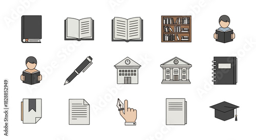 Collection of Educational and Learning Icons Representing Knowledge and Study.