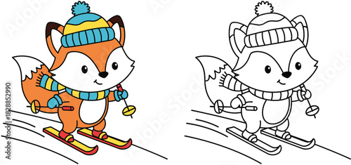 Cute Cartoon Fox Skiing – Winter Animal Illustration for Kids, Coloring Page and Holiday Activity Design