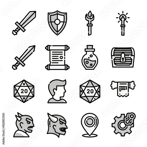 Collection of Fantasy Role-Playing Game Icons with Swords, Shield, Scroll, and Dice.