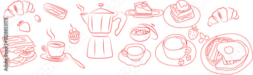 Pastel breakfast food and drink line art illustration on white background