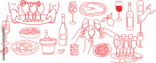 Elegant pink line art celebration with wine and champagne