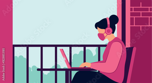 Student woman sitting in a pink dress at a cafe desk with a laptop and a vector illustration of a person's silhouette