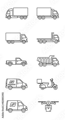 Collection of Delivery Vehicles - Trucks, Vans, Scooters, and Drone in Outline Style.