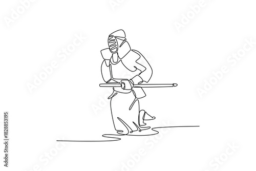 Continuous one line drawing attractive man Kendo athlete in full bogu armor executing crouched forward movement with bamboo sword held horizontally. Single line draw design vector graphic illustration
