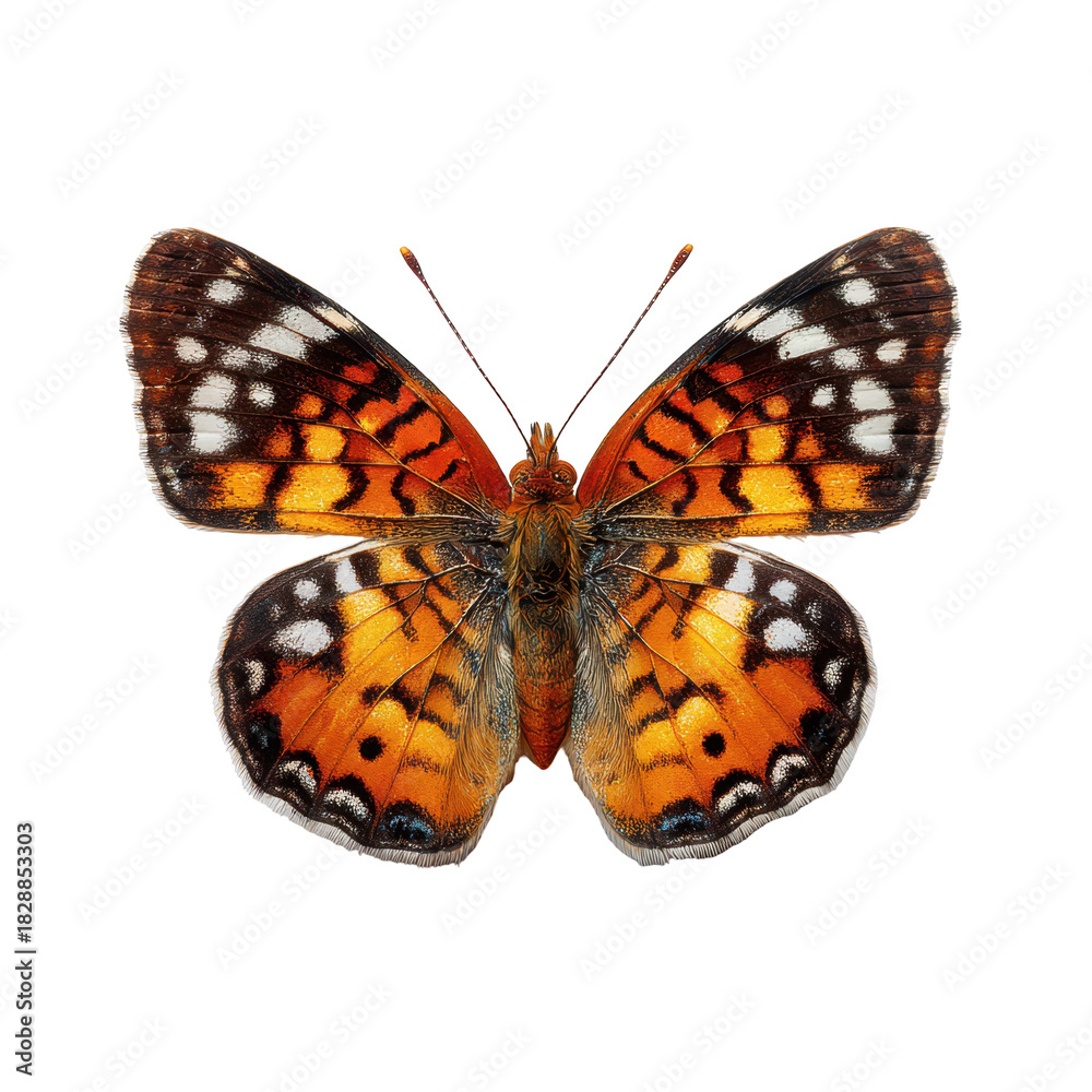 Obraz premium Colorful butterfly perched with outstretched wings displaying vivid patterns and colors in natural sunlight