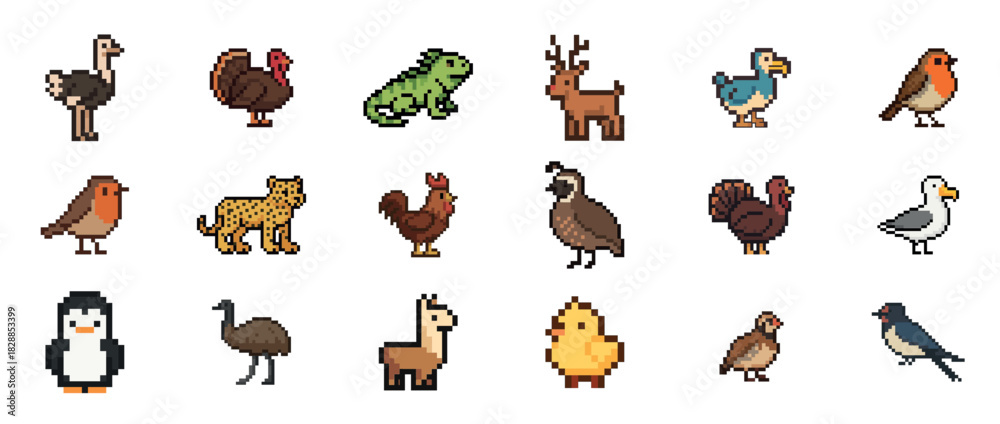 Obraz premium Collection of pixel art animals: birds, mammals, and reptiles in retro style