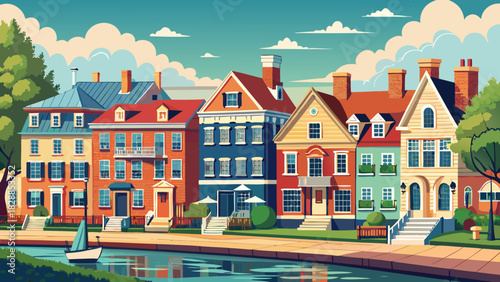 Very beautiful panoramic coastal row of historic federal-style houses along Battery Street, showcasing elegant facades, classic architecture, tree-lined waterfront views, and soft natural light in a c