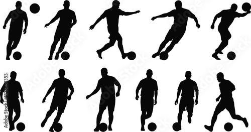 Vector collection of black soccer player silhouettes in action poses, kicking and dribbling the ball, isolated on white background for sports design.