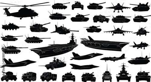 Vector set of military vehicle silhouettes, including army tanks, fighter jets, helicopters, navy ships, and armored trucks, isolated on white for war design concepts.