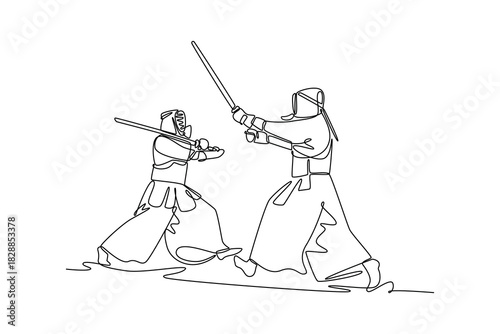 Continuous one line drawing two men Kendo athletes in full bogu armor are engaged in tense sword defense and attack. Dynamic sparring martial arts. Single line draw design vector graphic illustration