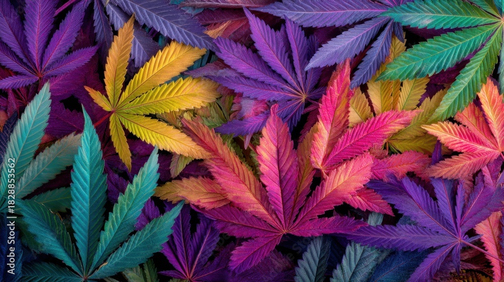 Naklejka premium A collection of cannabis leaves displayed in a rainbow of colors creates an eye catching visual effect. The leaves feature intricate details and rich hues highlighting their unique beauty.