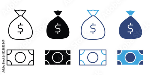 Money bag and banknote icon set. vector illustration