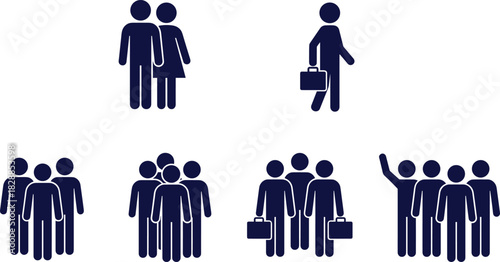 Business people icons, professional group, walking figure, briefcase symbol, team interaction, social gathering, demographic illustration, corporate silhouettes