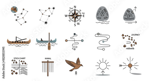 Collection of Hand Drawn Navigation and Exploration Icons.
