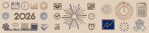 Illustration of business and celebratory icons including calendars clocks and fireworks for the year 2026