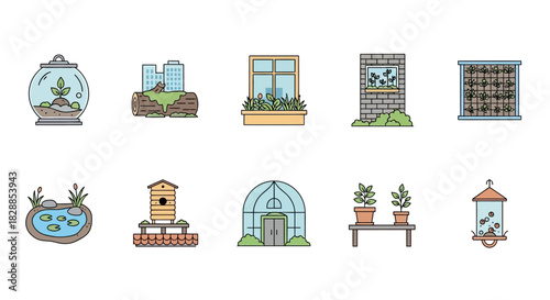 Collection of garden and nature related illustrations and icons.