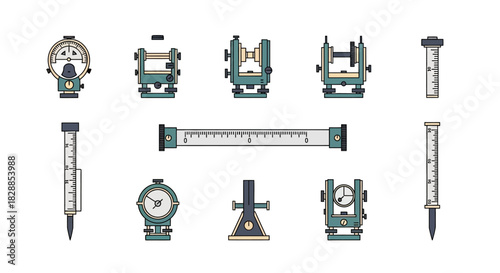 Collection of Surveying Instruments and Tools.