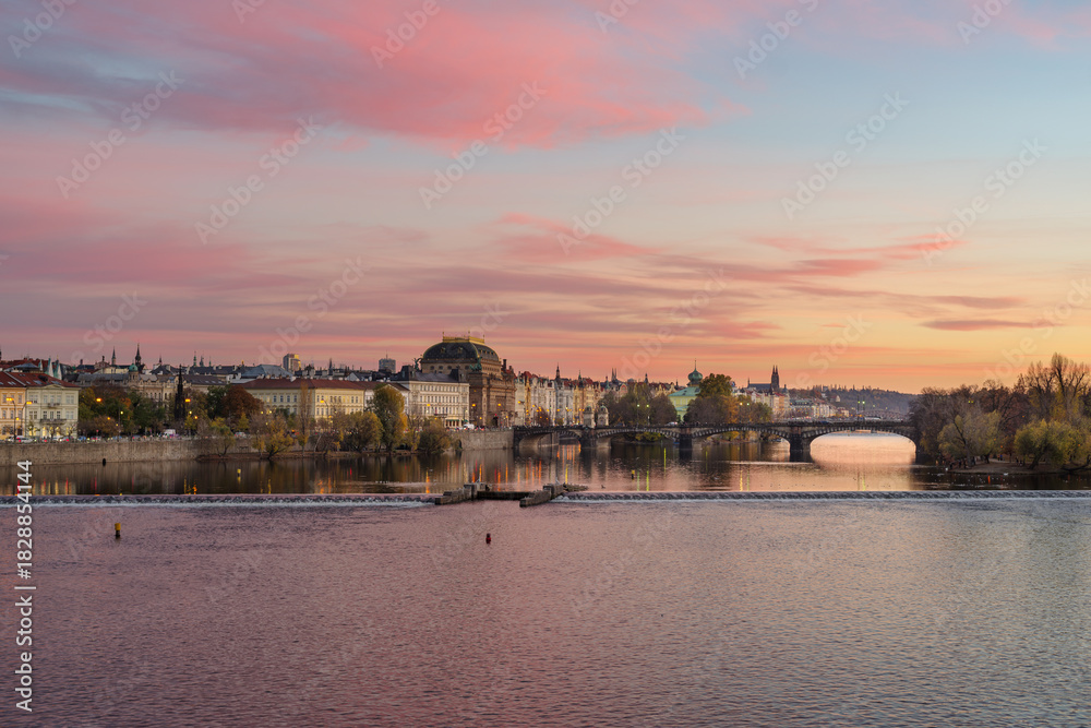 Naklejka premium National Theatre and other old buildings and Vltava River in Prague, Czech Republic