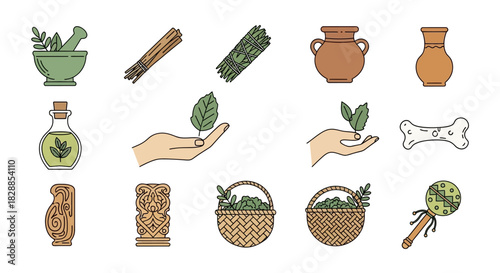 Herbal medicine and natural remedies illustration set.