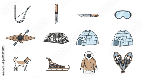 Hand Drawn Set of Inuit and Eskimo Cultural Icons.