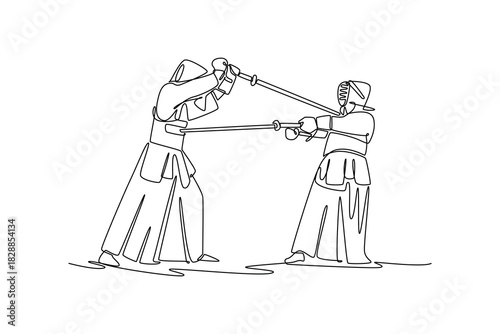 Single continuous line drawing two men Kendo athletes in full bogu armor are engaged in tense sword defense and attack. Dynamic sparring martial arts. One line draw graphic design vector illustration