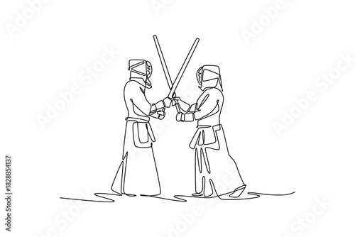 Continuous one line drawing two men Kendo athletes in full bogu armor are engaged in tense sword clash. Dynamic combat and martial arts discipline. Single line draw design vector graphic illustration