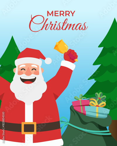A cheerful Santa Claus rings a bell and sack of presents next to Christmas trees, wishing everyone a Merry Christmas.