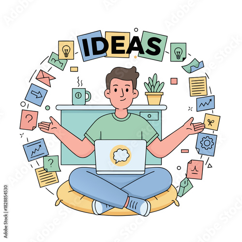 Man Surrounded By Ideas And Inspiration Laptop Open On Lap Sitting Cross Legged With Computer Monitor Desk And Plant Behind Him In A Flat Vector Style