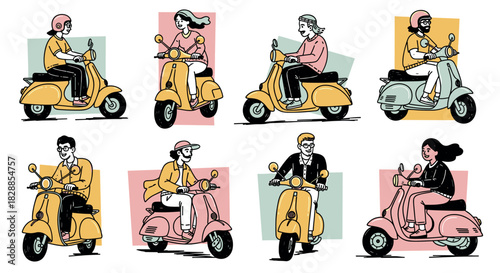 Collection of diverse cartoon characters riding colorful vintage scooters in a hand-drawn doodle style, showing a modern urban lifestyle with various happy people