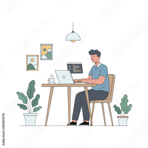 Man Working From Home In A Home Office Setup Presenting A Screen To Virtual Attendees On A Video Call Wearing A Blue Polo Shirt And Dark Pants With Potted Plants And Artwork In The Background