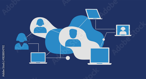 Business woman with a laptop working on a global social network concept illustration