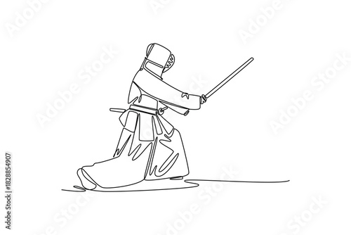 Single one line drawing side view of man Kendo athlete crouching in low, deep stance, delivering horizontal strike with a bamboo sword (shinai). Continuous line draw design graphic vector illustration