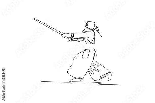 Single one line drawing man Kendo athlete poised in forward stance, lunging to strike with bamboo sword (shinai). Discipline and dynamic action. Continuous line draw design graphic vector illustration