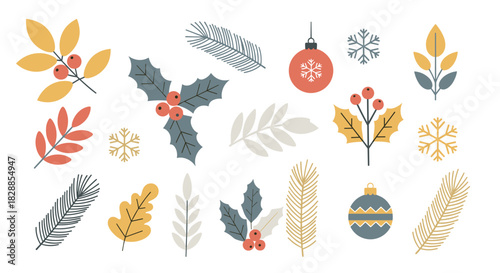 Collection of festive winter holiday illustrations featuring snowflakes, holly berries, pine branches, and decorative baubles in a modern, flat design style with a muted color palette