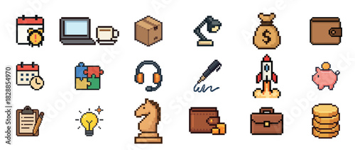 Pixel art icons set: business, technology, finance, and creativity symbols