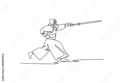 Single one line drawing man Kendo athlete poised in forward-moving stance, lunging to strike with bamboo sword (shinai). Dynamic action. Modern continuous line draw design graphic vector illustration