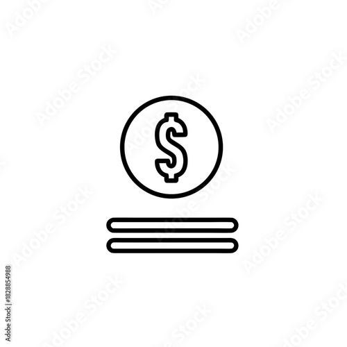 Minimalist Black and White Line Art Icon of a Coin with Dollar Sign Above Stacked Lines Symbolizing Finance and Currency Exchange on a White Background
