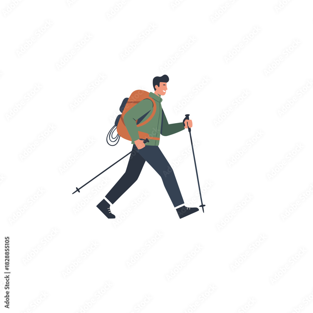 Fototapeta premium Minimalist Flat Design of a Hiker with a Large Orange Backpack Walking on a Rocky Trail Wearing Trekking Outfit and Holding Poles