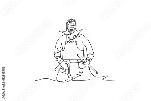 Single one line drawing young man Kendo athlete sitting in kneeling position (seiza) wearing full bogu armor. Discipline and formal tradition. Continuous line draw design graphic vector illustration