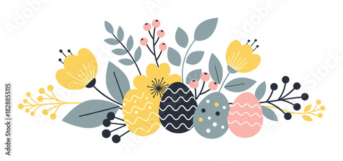 Decorative easter eggs and flowers arrangement in a charming scandinavian flat design style with yellow blossoms, pink berries, and cute patterned eggs for a spring holiday celebration