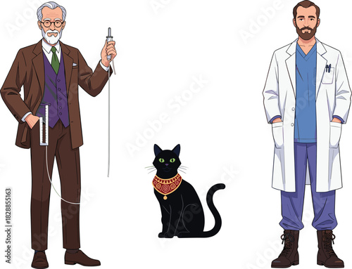Cartoon scientist, aristocratic swordsman, mystical cat, character trio, fantasy illustration, stylized art, modern and vintage mix, whimsical design, story concept