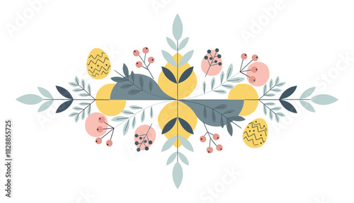 Symmetrical easter holiday decoration with painted eggs, pastel berries, and elegant folk art style leaves in a beautiful horizontal composition for spring celebrations