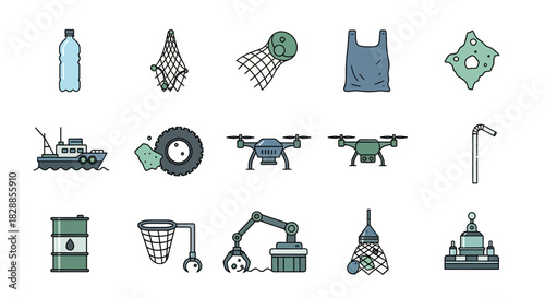 Vector icon collection of ocean pollution and cleanup technology.