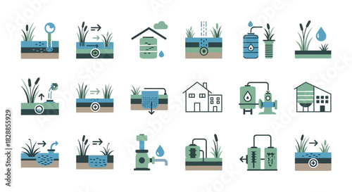 Wastewater Treatment Systems - A Collection of Illustrated Icons.