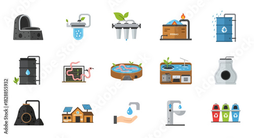 Water conservation and recycling system icons for environmental protection.