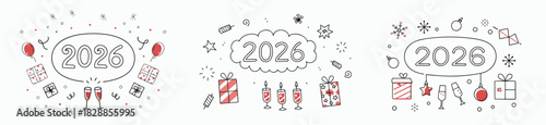 Three new year illustrations featuring the year 2026 with gifts and celebratory elements around it