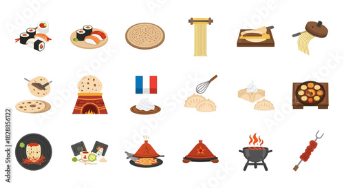 Collection of various food and cooking related items, including sushi, pizza, fondue, and grilling tools, set against a white background.