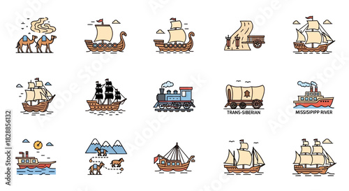 Collection of various transportation and travel illustrations.