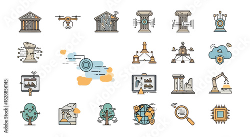 Collection of various technology and business related icons.
